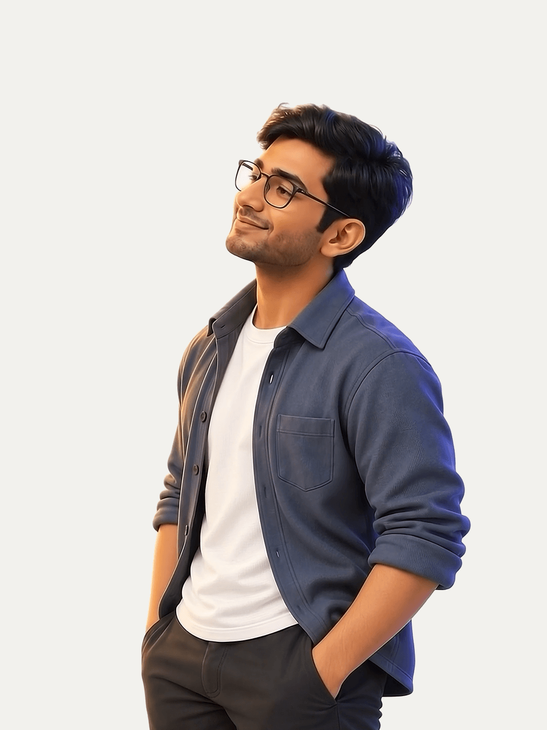 Ayush Das, a stylised three-dimensional portrait in glasses and an open overshirt.