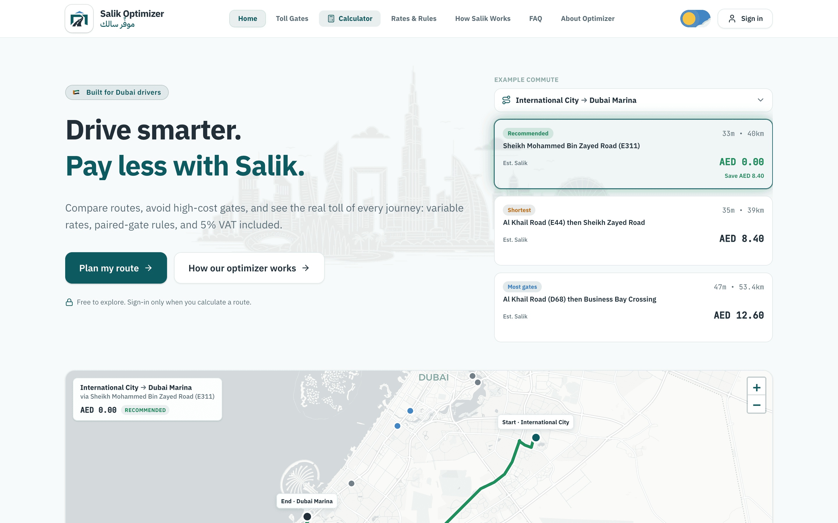 Salik Optimizer comparing three routes from International City to Dubai Marina. The recommended route via Sheikh Mohammed Bin Zayed Road costs AED 0.00 and saves AED 8.40; the two alternatives cost AED 8.40 and AED 12.60.